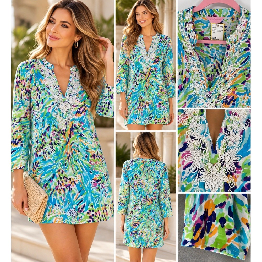 Lilly Pulitzer Sarasota Tunic Sea Soiree print ,beaded V-neckline Medium (10-b42